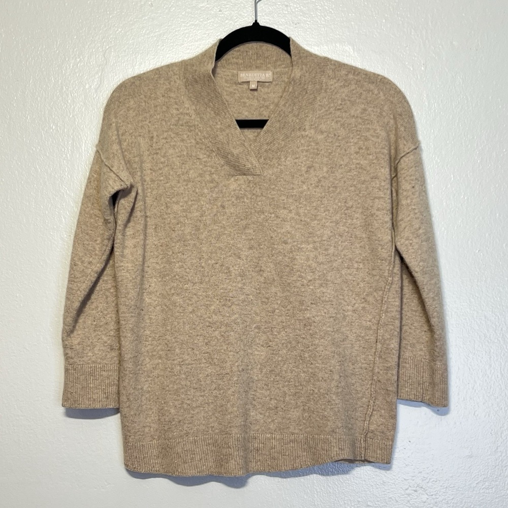Benedetta B Womens Pullover Sweater Beige Merino Wool Cashmere Blend 3/4‎ Sleeve